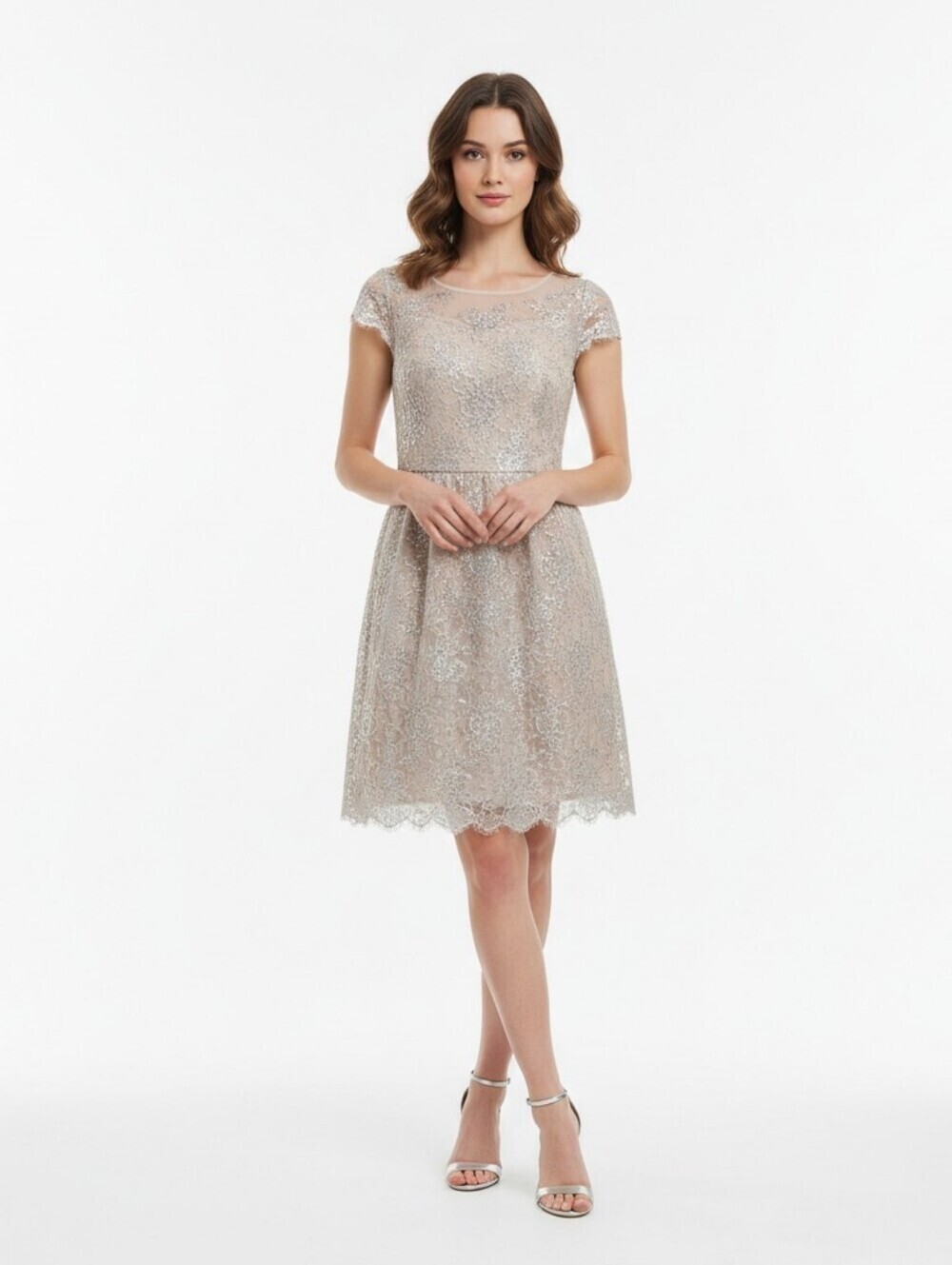 Aidan Mattox Beige Silver Lace Cap Sleeve Mini Dress - Size 2
